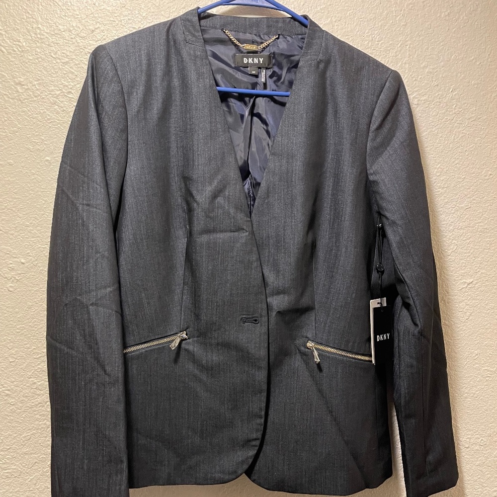 Dkny Petite Collarless Denim One-Botton Jacket